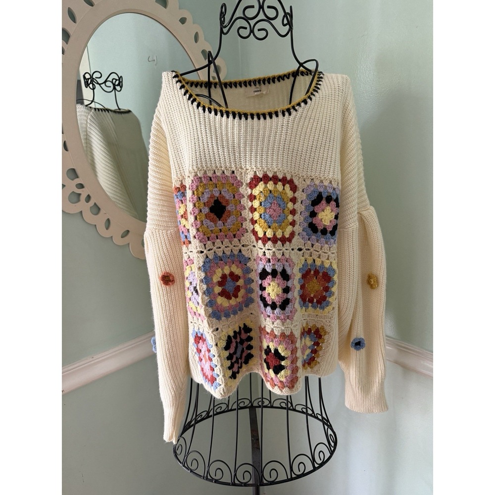 Entro Grannie Square Boho Sweater M Oversize Crotchet‎ - Picture 2 of 9